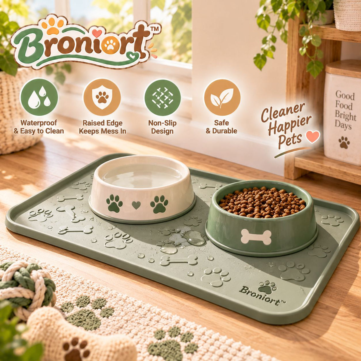 Broniort™ DryPaw Waterproof Pet Feeding Mat – Raised-Edge Dog & Cat Bowl Mat, Non-Slip Food & Water Station