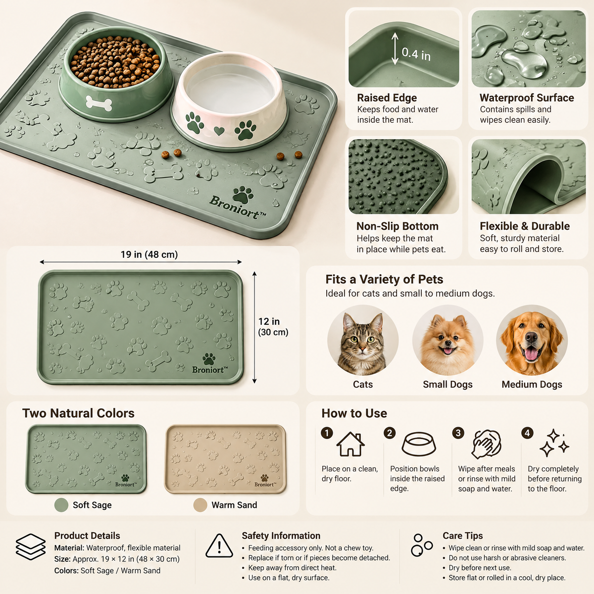 Broniort™ DryPaw Waterproof Pet Feeding Mat – Raised-Edge Dog & Cat Bowl Mat, Non-Slip Food & Water Station