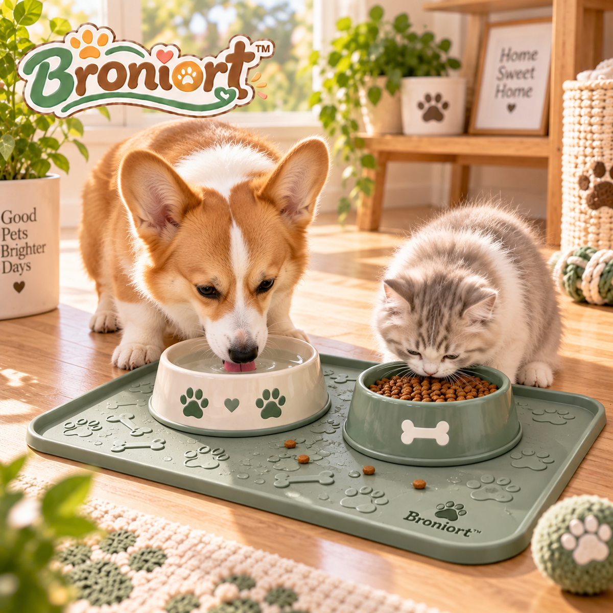 Broniort™ DryPaw Waterproof Pet Feeding Mat – Raised-Edge Dog & Cat Bowl Mat, Non-Slip Food & Water Station