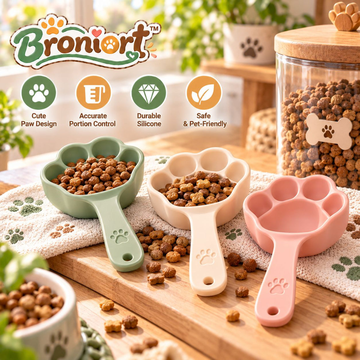 Broniort™ PawPortion Silicone Pet Food Scoop – Paw-Shaped 1-Cup Dry Kibble Measuring Scoop with Easy-Grip Handle