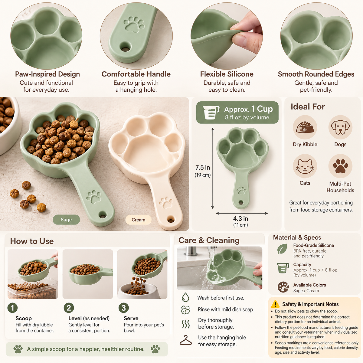 Broniort™ PawPortion Silicone Pet Food Scoop – Paw-Shaped 1-Cup Dry Kibble Measuring Scoop with Easy-Grip Handle