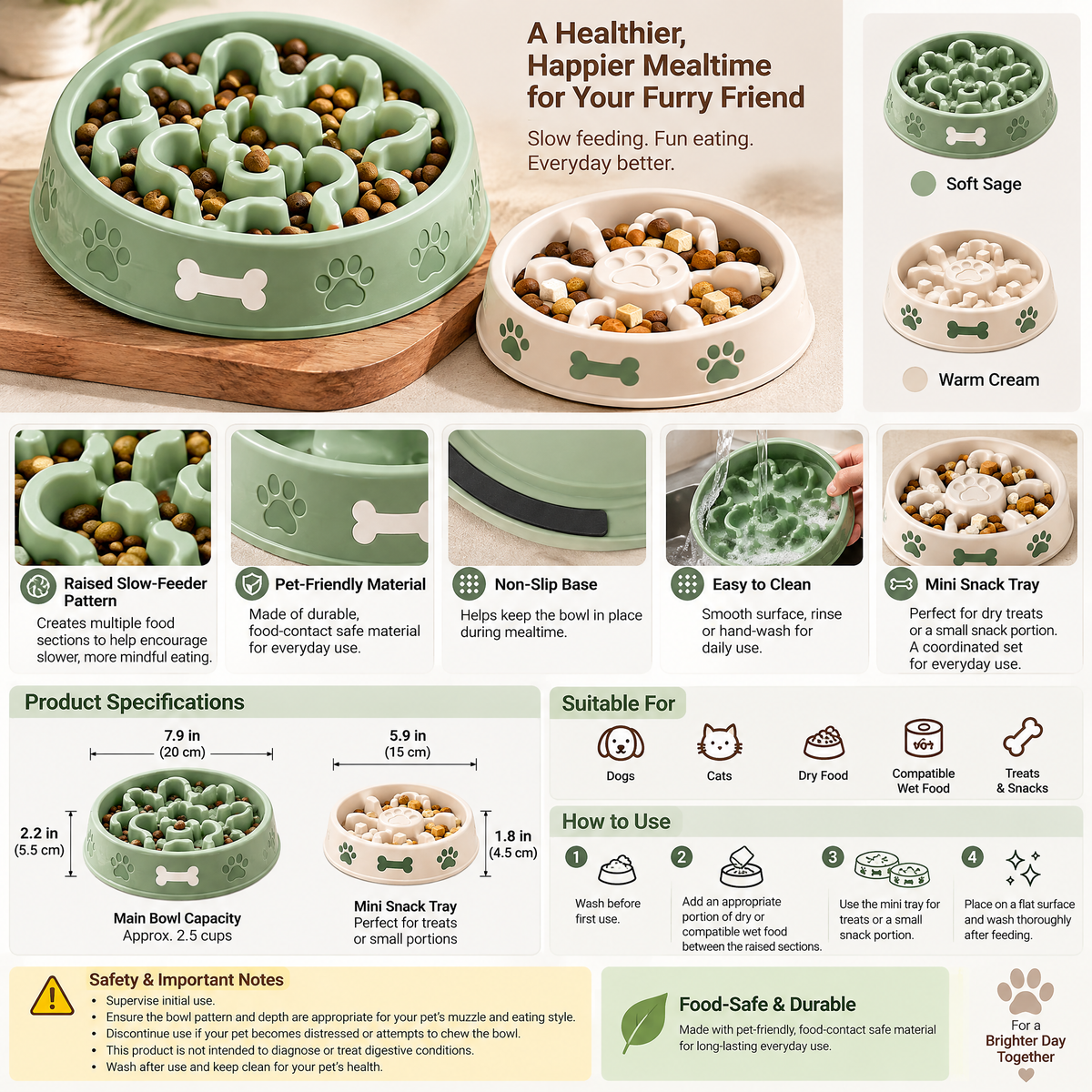 Broniort™ PacePlate Slow Feeder Pet Bowl & Mini Snack Tray – Textured Dog & Cat Feeding Bowl Set with Non-Slip Base