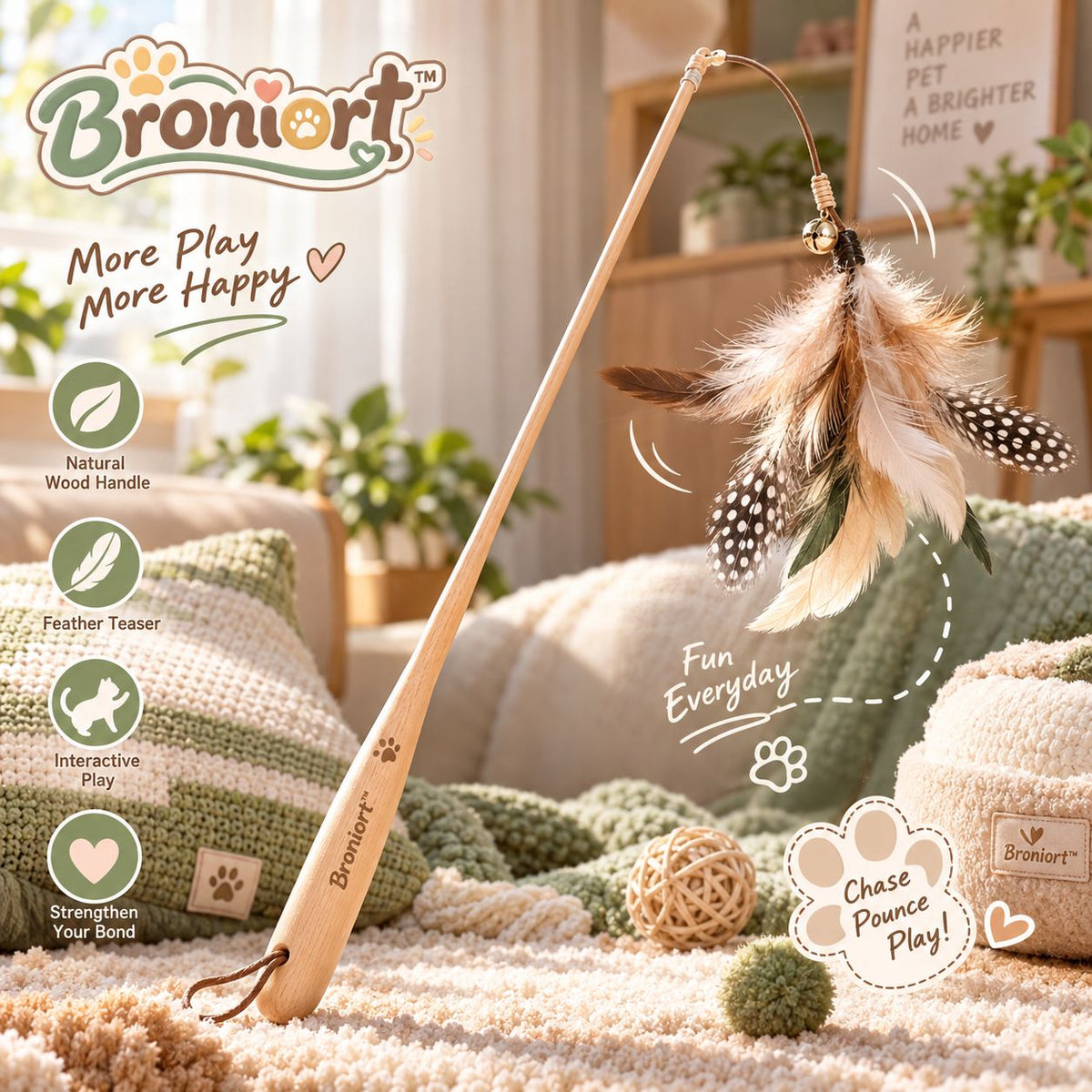 Broniort™ WillowFlutter Wooden Handle Feather Cat Wand – Interactive Cat Teaser Toy, Feather Chase Wand for Indoor Cats & Kittens