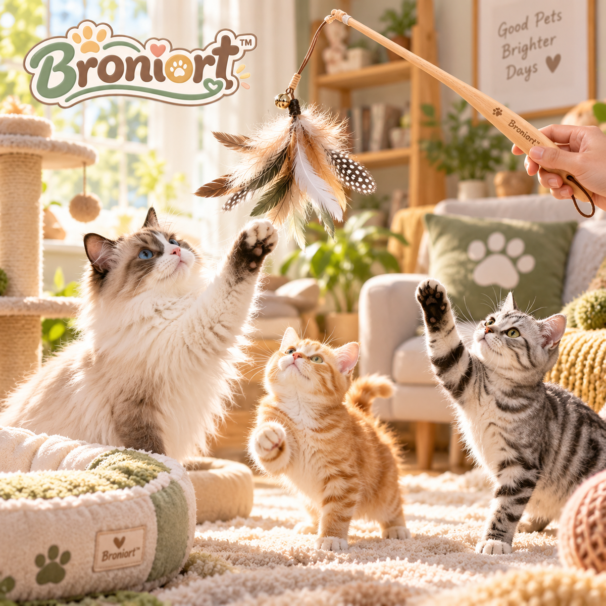 Broniort™ WillowFlutter Wooden Handle Feather Cat Wand – Interactive Cat Teaser Toy, Feather Chase Wand for Indoor Cats & Kittens