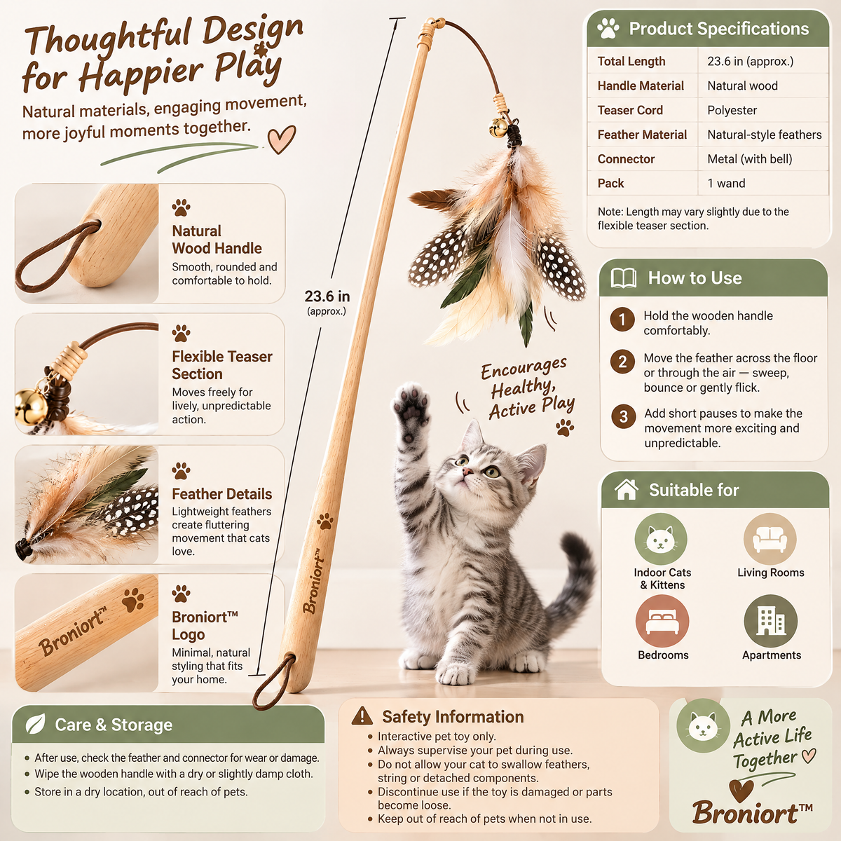 Broniort™ WillowFlutter Wooden Handle Feather Cat Wand – Interactive Cat Teaser Toy, Feather Chase Wand for Indoor Cats & Kittens