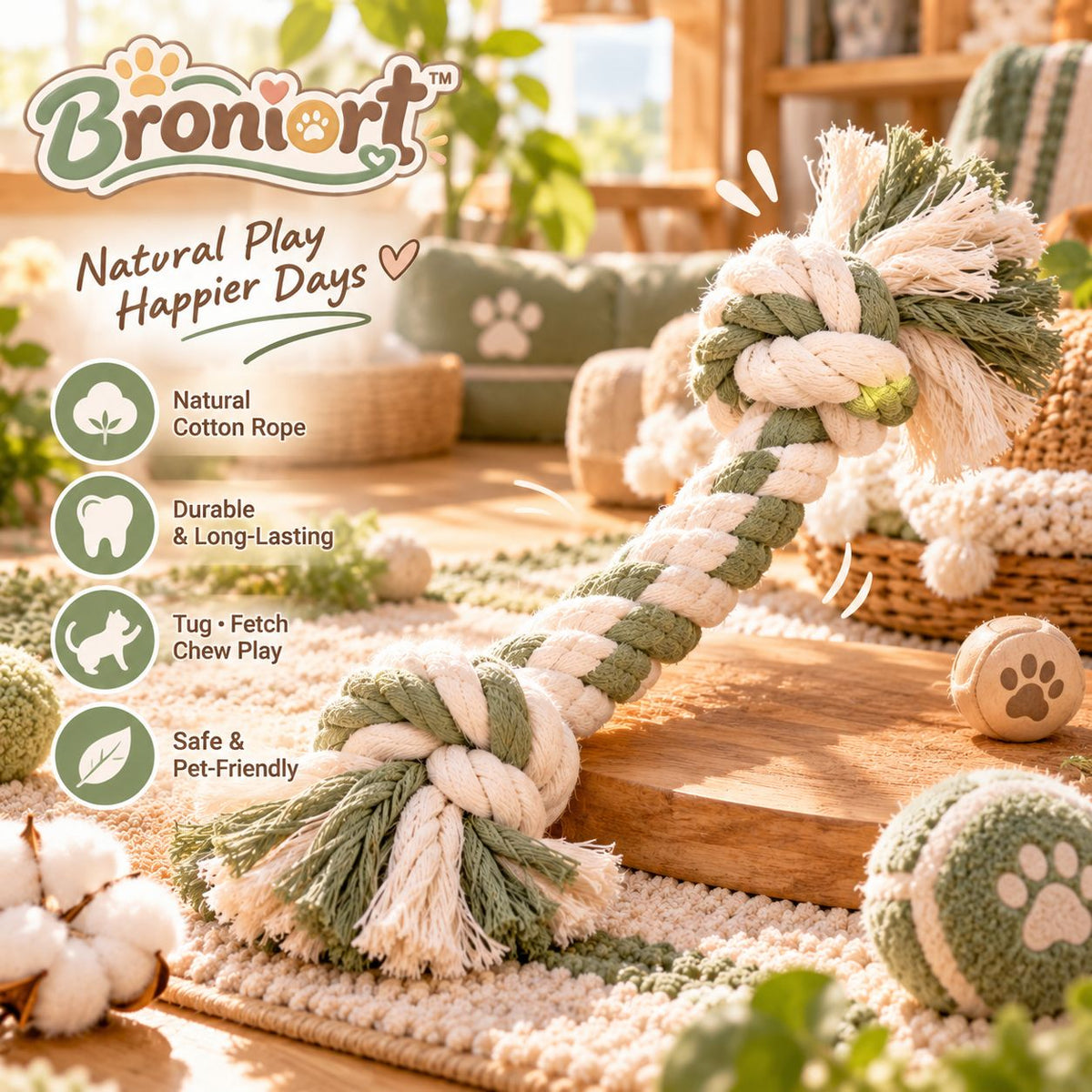 Broniort™ CottonLoop Natural Cotton Rope Pet Chew & Tug Toy – Braided Dog Rope Toy for Tug, Fetch & Supervised Chewing