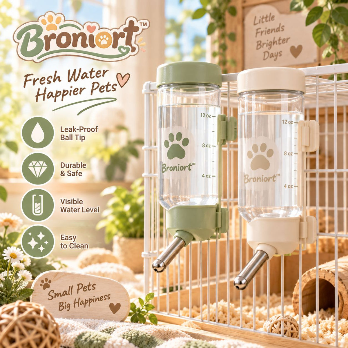 Broniort™ SipRoll Pet Drinking Bottle – Ball-Tip Water Dispenser for Small Pets, Cage & Crate Hydration Bottle
