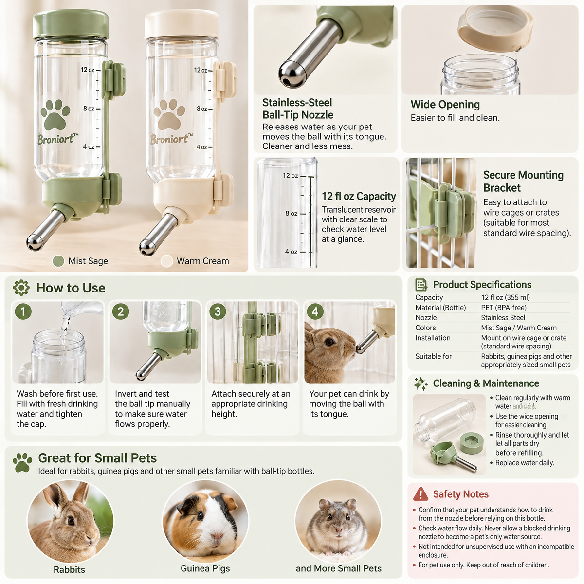 Broniort™ SipRoll Pet Drinking Bottle – Ball-Tip Water Dispenser for Small Pets, Cage & Crate Hydration Bottle