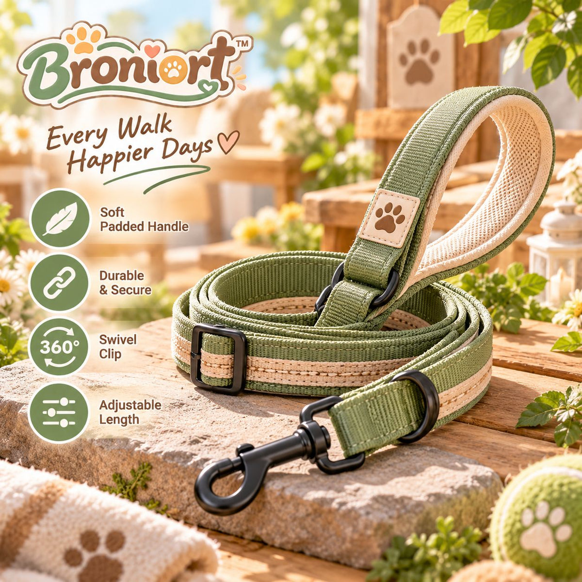 Broniort™ SoftStride Adjustable Fabric Dog Leash – Padded Everyday Walking Lead with Swivel Clip