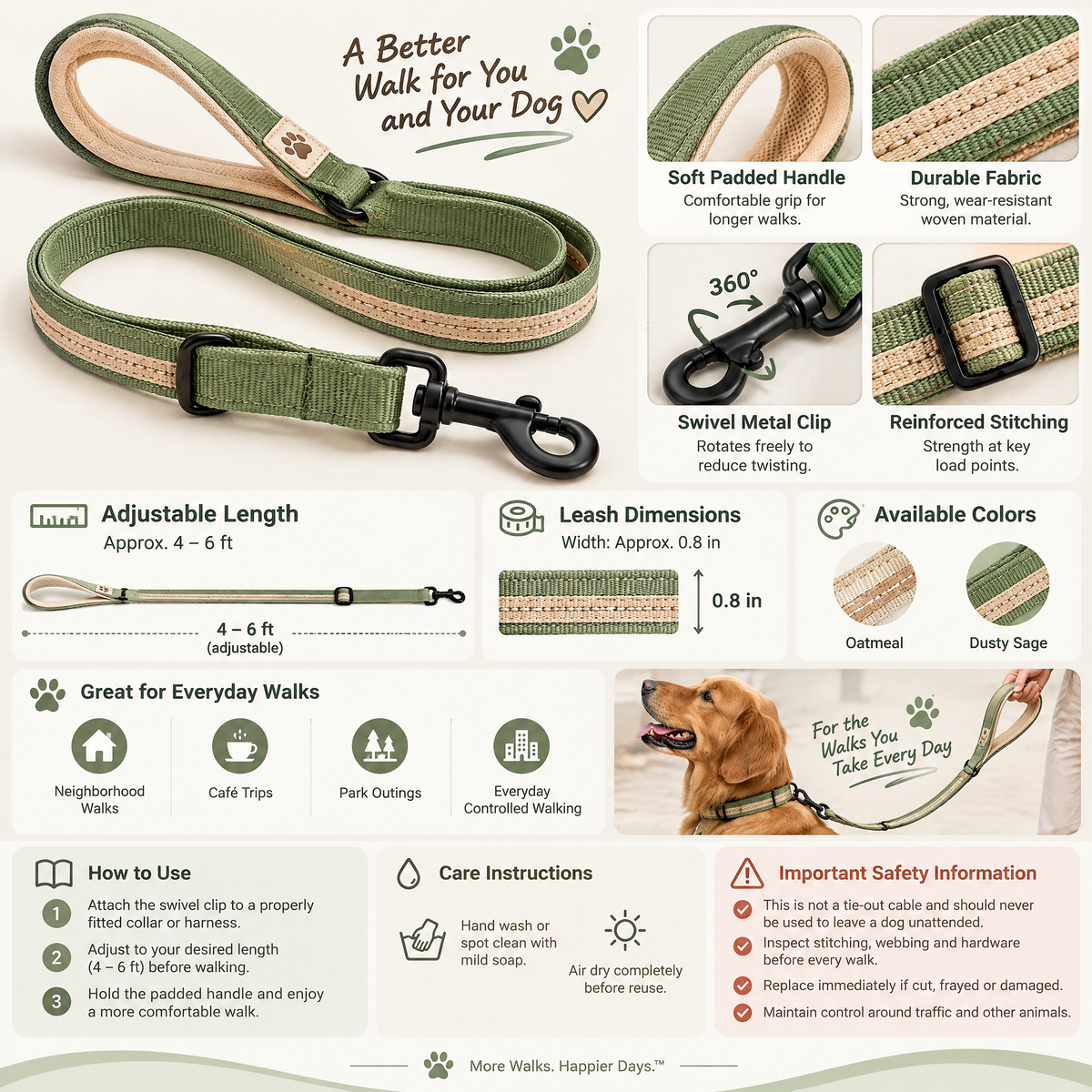 Broniort™ SoftStride Adjustable Fabric Dog Leash – Padded Everyday Walking Lead with Swivel Clip