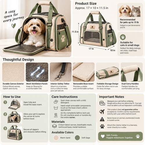 Broniort™ FoldAway Canvas Pet Carrier Tote – Foldable Soft-Sided Travel Bag for Cats & Small Dogs