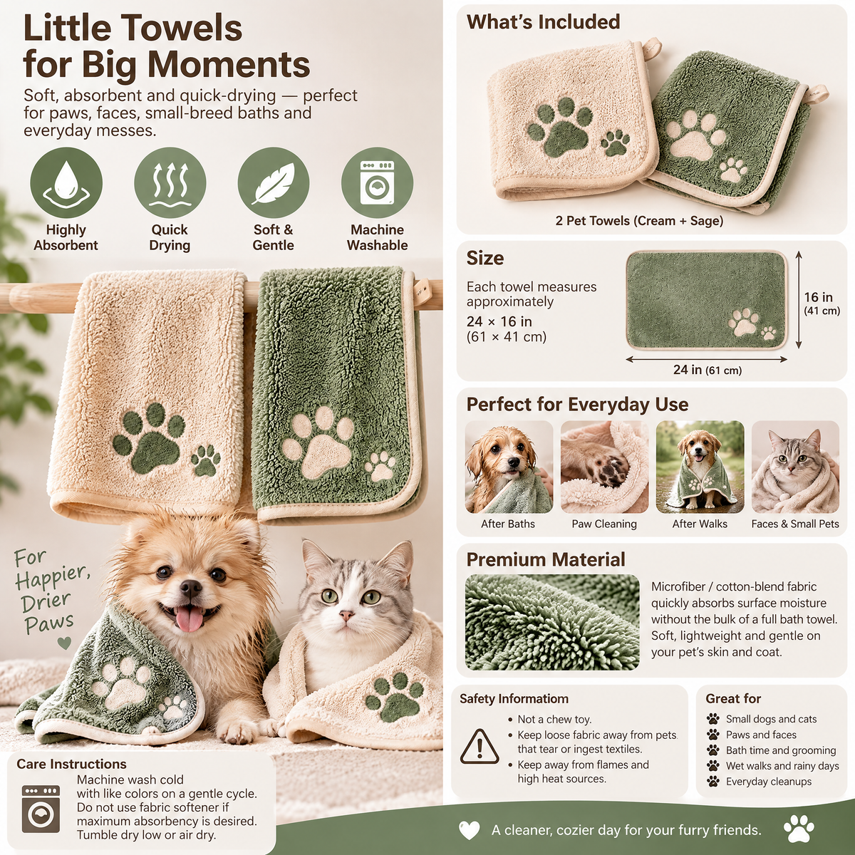 Broniort™ MiniCloud Pet Towels – Quick-Dry Mini Dog & Cat Towels, 2-Pack for Paws, Baths & Everyday Cleanup