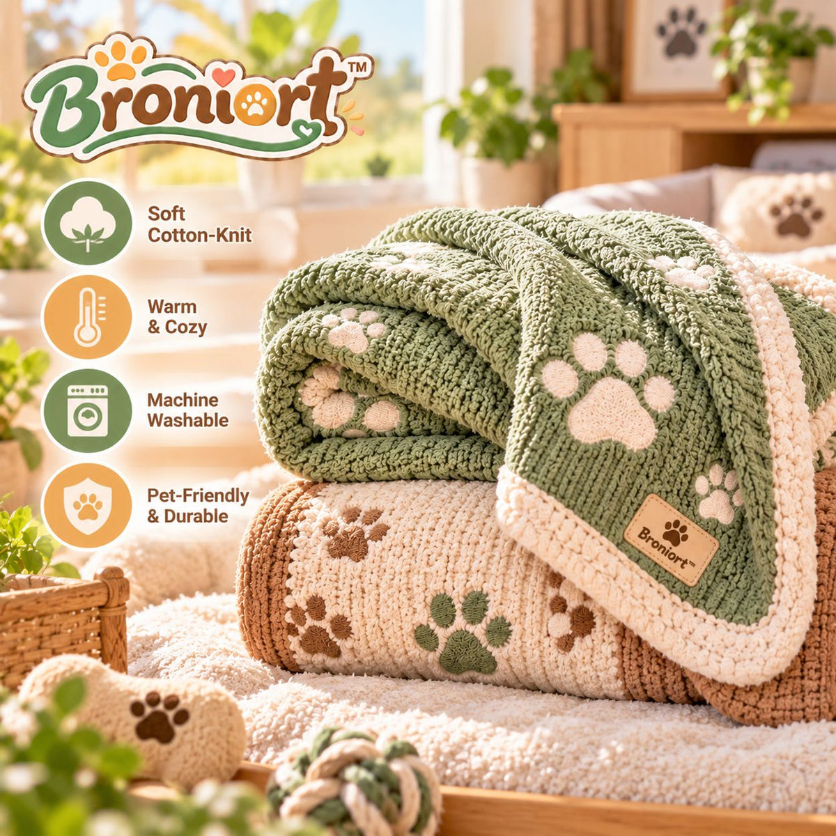 Broniort™ CozyWeave Cotton-Knit Pet Blanket Set – Small Dog & Cat Throw Blankets, 2-Pack Wash-and-Rotate Set
