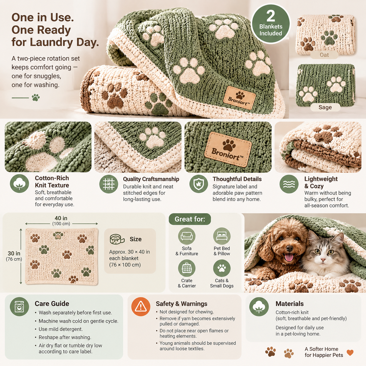 Broniort™ CozyWeave Cotton-Knit Pet Blanket Set – Small Dog & Cat Throw Blankets, 2-Pack Wash-and-Rotate Set
