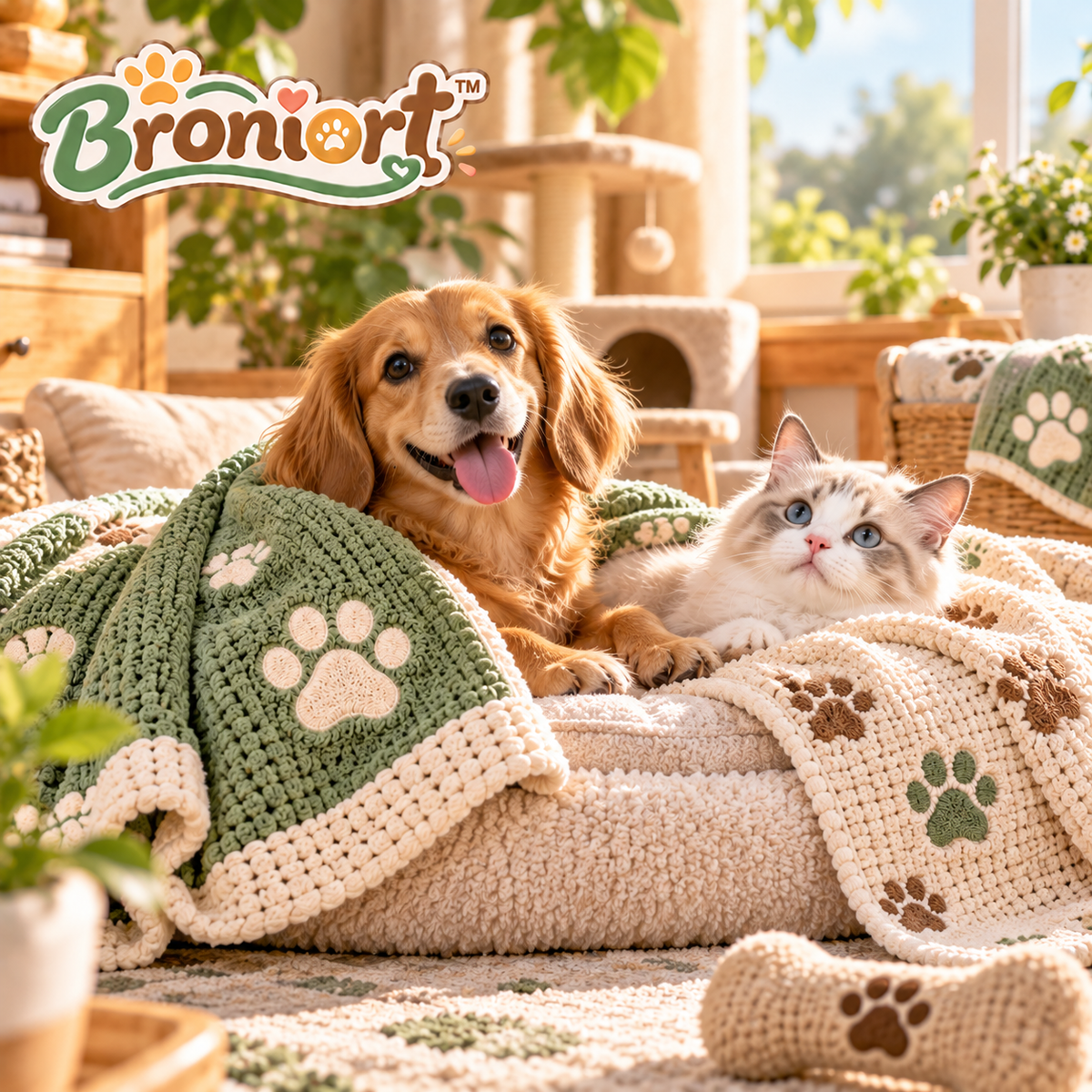 Broniort™ CozyWeave Cotton-Knit Pet Blanket Set – Small Dog & Cat Throw Blankets, 2-Pack Wash-and-Rotate Set