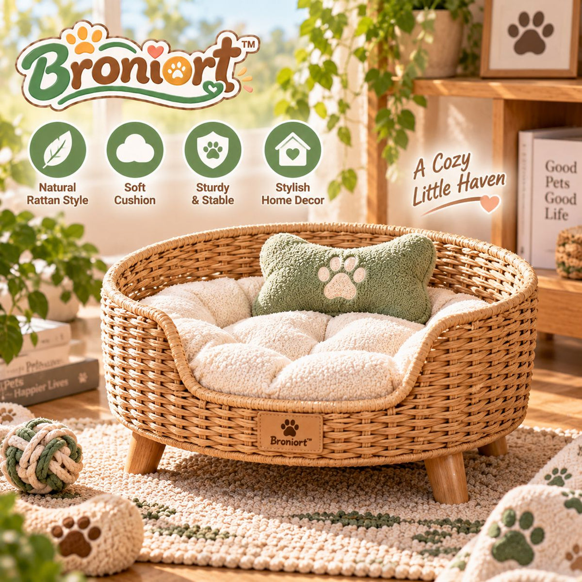 Broniort™ NestWeave Rattan-Style Small Pet Bed – Woven Raised Cat & Small Dog Basket Bed with Removable Cushion