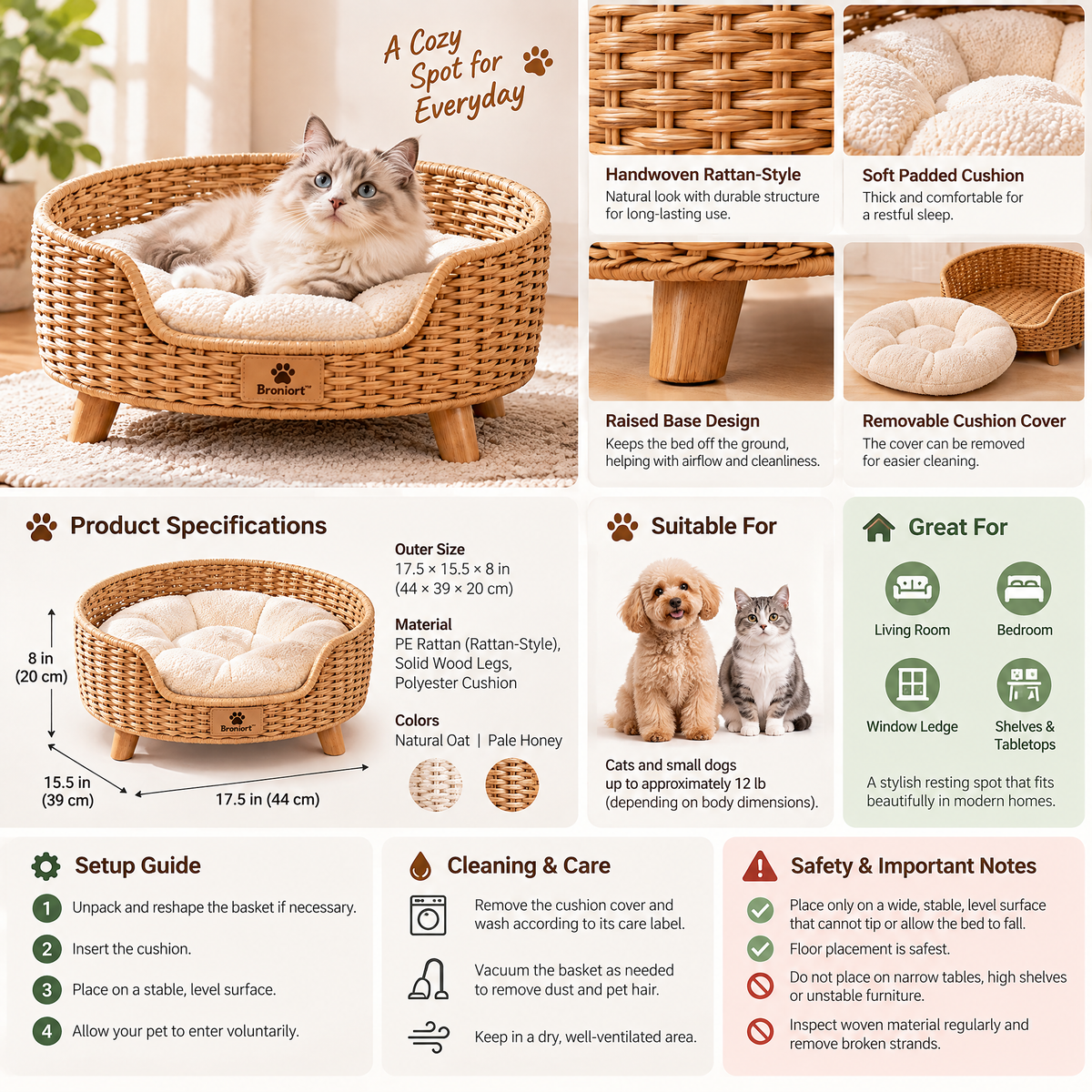 Broniort™ NestWeave Rattan-Style Small Pet Bed – Woven Raised Cat & Small Dog Basket Bed with Removable Cushion