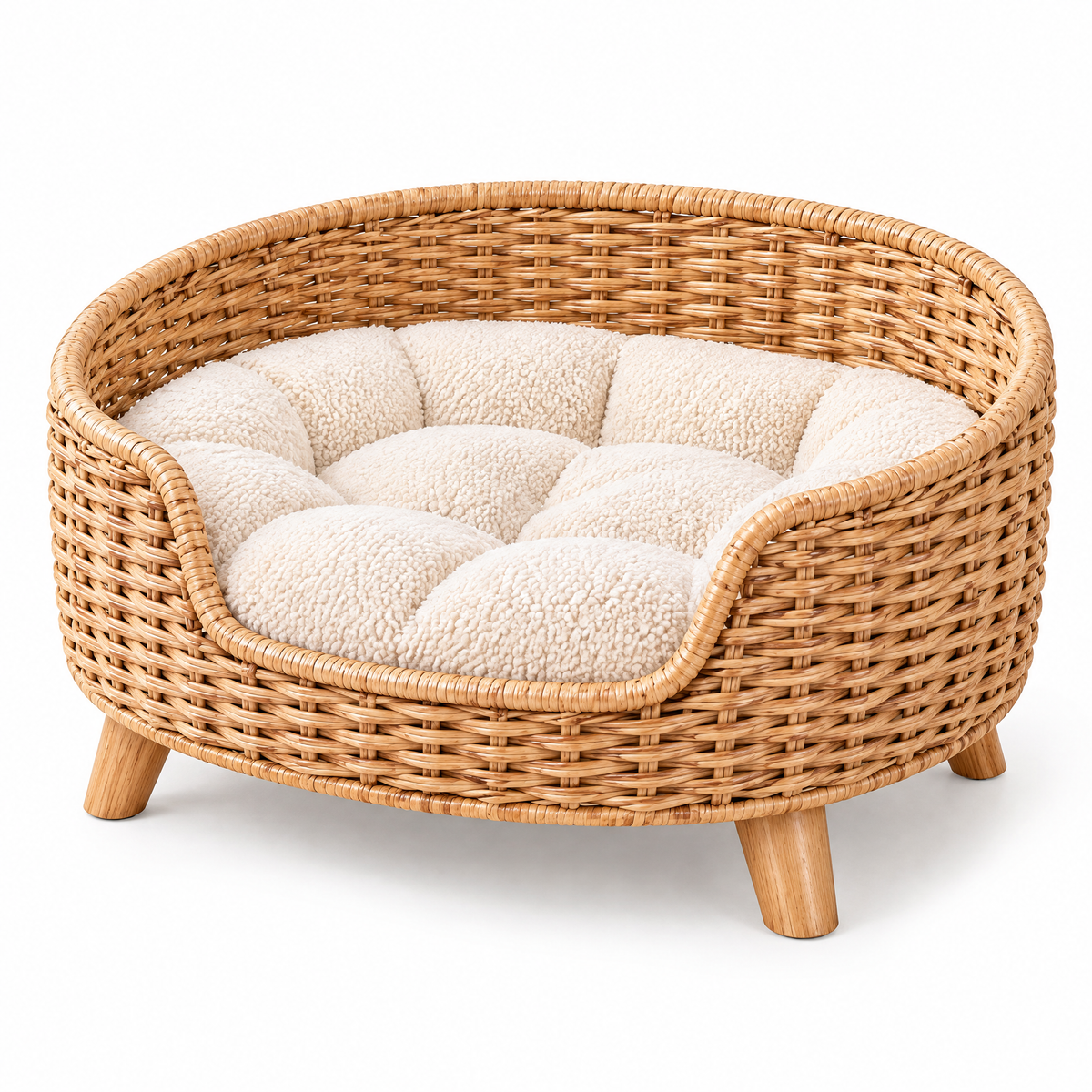 Broniort™ NestWeave Rattan-Style Small Pet Bed – Woven Raised Cat & Small Dog Basket Bed with Removable Cushion