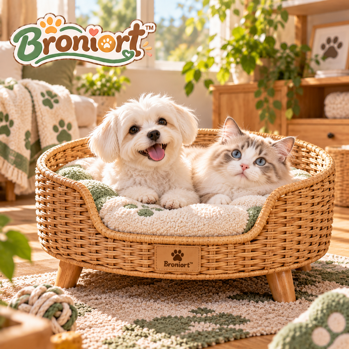 Broniort™ NestWeave Rattan-Style Small Pet Bed – Woven Raised Cat & Small Dog Basket Bed with Removable Cushion
